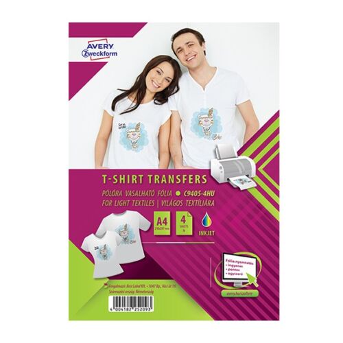 Textilre vasalható fólia AVERY C9405-4HU világos pólóra vasalható tintasugaras nyomtatóhoz (4ív/doboz)