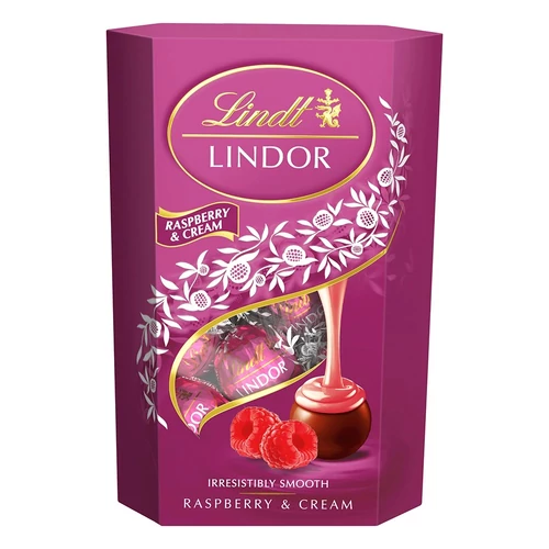 Csokoládé LINDT Lindor Raspberry&cream tejcsokoládé golyók díszdobozban 200 g