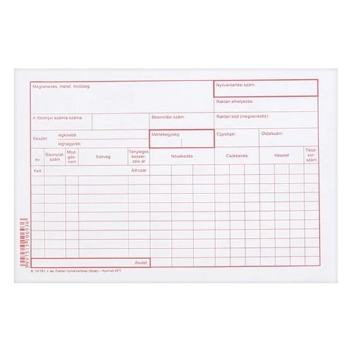 Nyomtatvány raktári nyilvántartó karton A/5 1000 db/csomag