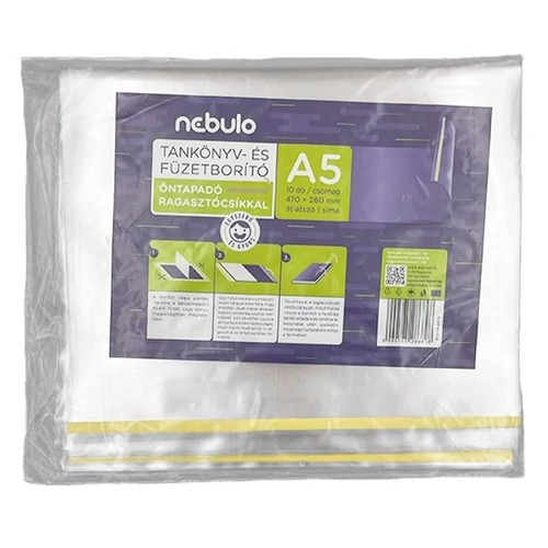 Tankönyvborító NEBULO A/5 öntapadós csíkkal víztiszta 65mic 47x26 cm 10 darabos